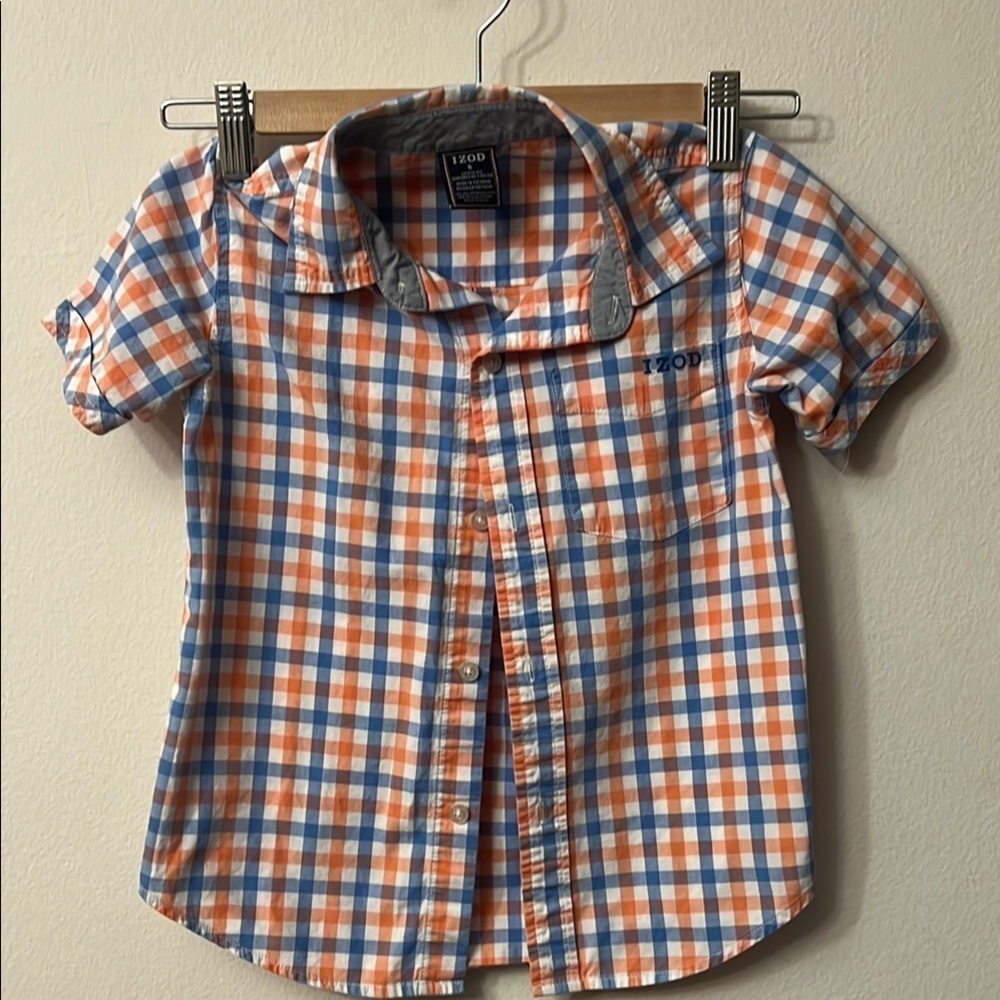 Izod Vibrant Orange and Blue Plaid Button Down Shirt
